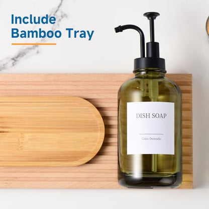 Glass Soap Dispenser with Pump, Dish and Hand Soap Dispenser for Kitchen Bathroom Set, Clear Glass Dispenser Set of 2 Pack with 18 Stickers Funnel Bamboo Tray 500ml 18oz Green - color: Glass Green