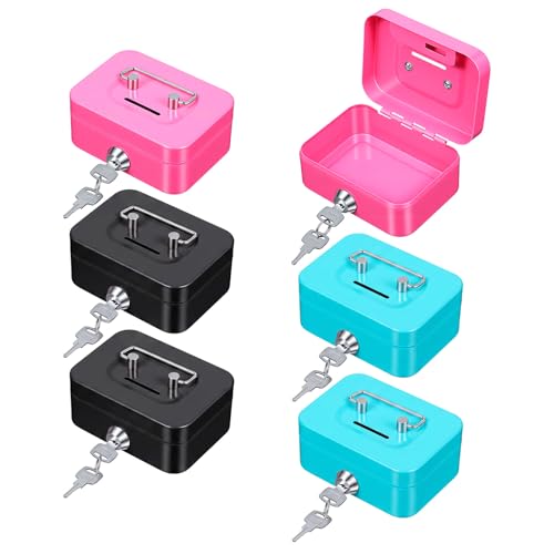 6 Pack Small Money Box with Lock, Metal Cash Boxes, 4.5x3.4x2in Durable Steel Coin Bank, Secure Lock Box for Home Office Gift, 3 Colors,