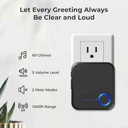 Wireless Doorbell 1000ft Range, Loud Waterproof Door Bell with 60 Melodies - color: Black-‎1 receiver +1 push button