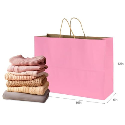 BLEWINDZ 50Pcs Pink Gift Bags Large 16x6x12 Inches Kraft Paper Bags with Handles Bulk – Goodie Bag Shopping Bag for Grocery Merchandise - color: Pink