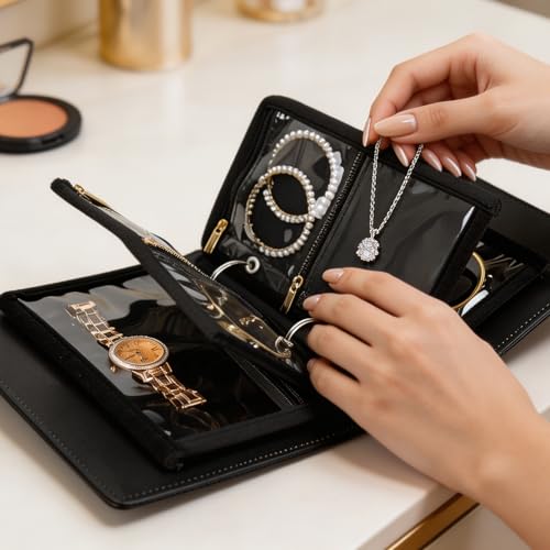 Travel Jewelry Organizer Case,Small Jewelry Bags Jewelry Storage Book Ring Binder with Clear Zipper Velvet Pouch for Traveling - color: Case,Black