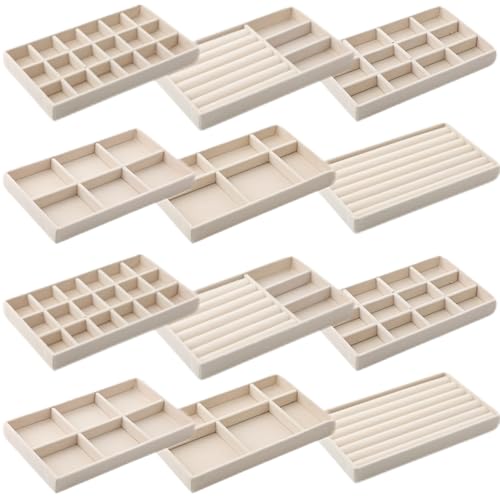 Inbagi 12 Pcs Velvet Jewelry Tray Stackable Drawer Organizer Beige