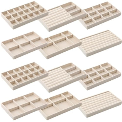 Inbagi 12 Pcs Velvet Jewelry Tray Stackable Drawer Organizer Beige