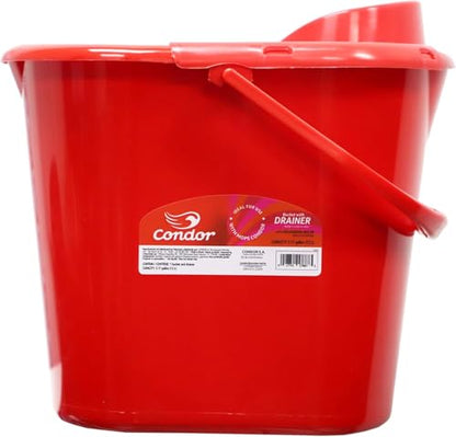 Condor Professional Bucket with Drainer, Red Plastic Mop Bucket, Built-in Measuring Scale, Cleaning Container