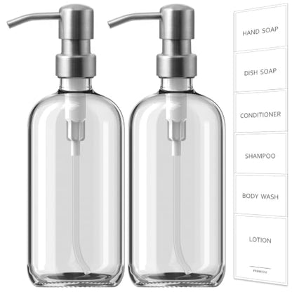 GMISUN Glass Soap Dispenser with Pump, 2 Pack Clear Bathroom Hand Soap Dispenser with Stainless Steel Pump, 17 Fl Oz Refillable Kitchen Hand and Dish Soap Dispensers Set, Modern Liquid Pump Bottles - color: Clear Bottle + Silver Pump, size: 2 Pack