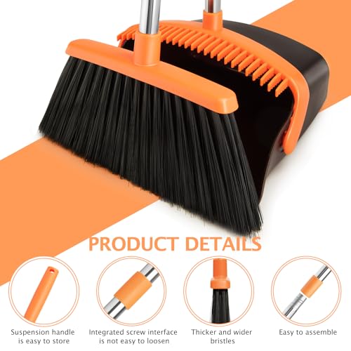 2-Pack Broom and Dustpan Combo Set, Long Handle, Brown Orange - color: Brown Orange 2-pack