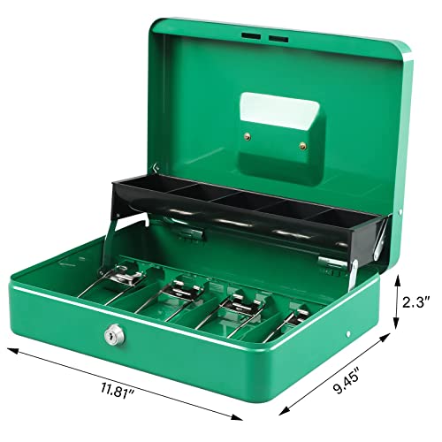 KYODOLED Locking Cash Box with Lock,Money Box with Cash Tray,Lock Safe Box with Key,Money Saving Organizer,11.81Lx 9.45Wx 3.54H Inches,Green XL Large - color: Green