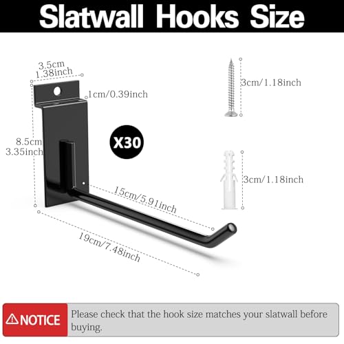 3-H Slatwall Straight Hooks 30PC,7 Inch,Extra Large Thick Backplate - size: 7"x30