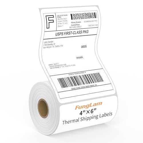 FungLam 4"X6" Thermal Shipping Labels, 4X6 Labels,White Mailing Shipping Labels, Perforated, 250 Labels,Compatible with iDPRT, JADENS and Rollo. - size: 1 Roll