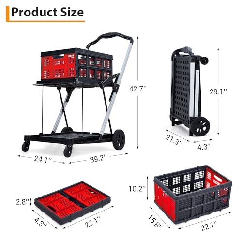 2-Tier Collapsible Aluminum Utility Cart, 198 Lb Capacity, 360° Wheels - color: Red