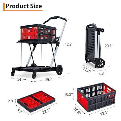 2-Tier Collapsible Aluminum Utility Cart, 198 Lb Capacity, 360° Wheels - color: Red