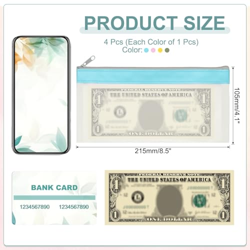 PATIKIL 8.5x4 Inch Money Bags with Zipper, 4Pcs Clear PVC Cash Deposit Bank Pouch Envelopes Check Wallet for Coin Cosmetics Invioce Bill, Blue/Pink/Yellow/Green - color: Blue/Pink/Yellow/Green