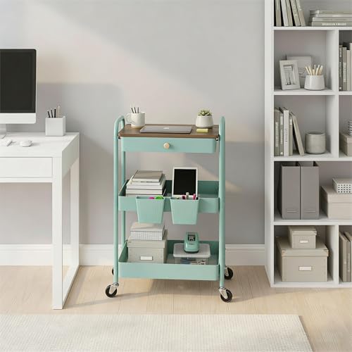 danpinera 3 Tier Rolling Cart, All-in-One Art Cart Organizer on Wheels for Kitchen, Bathroom, Office, Laundry - color: Green