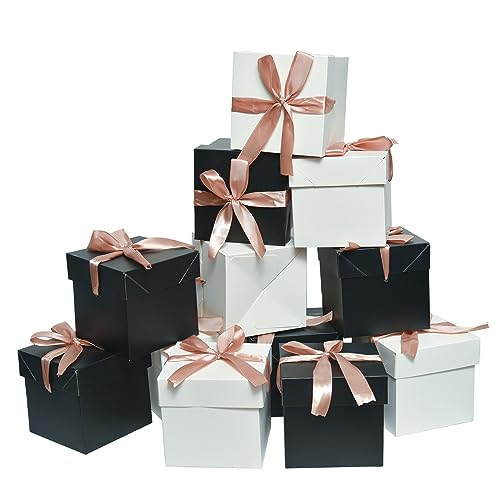 Gift Box with Lid & Ribbon for present, 12pcs, 4"×4"×4" - color: White & Black, size: 4 x 4 x 4 Inch