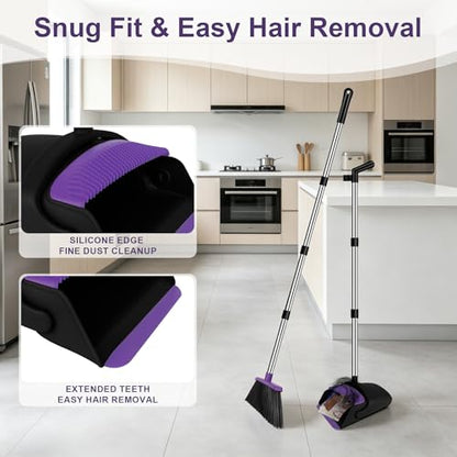 Broom and Dustpan Set, 51" Long Handle Broom with Built-in Comb - Purple - color: Purple, size: Standard