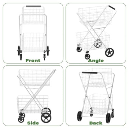 Extra Jumbo Foldable Shopping Cart with 2 Removable Baskets and Waterproof Liner, Heavy Duty Utility Grocery cart on Wheels, Rolling 2-Tier Laundry cart with 360° Swivel Front Wheels (2-Tire) (White) - color: White