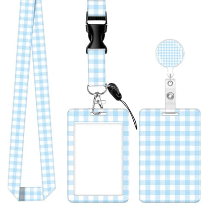 ID Badge Holder with Lanyard, Retractable Badge Holders Reels with Lanyards Adjustable, for Women Kids Teacher Nurses Doctor Student(Cute Fashion Blue checkboard) - color: Cute Fashion Blue Checkboard