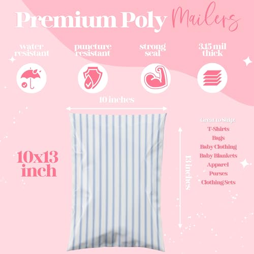 Pretty Package Store Poly Mailers 10x13, Blue Stripe, 100 Pack - color: Blue Stripes, size: 10x13