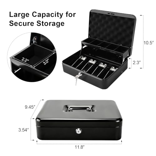 Jssmst Cash Box with Key Lock - 1mm Thick Metal Money Box for Garage Sales, Yard Sales and Petty Cash, Portable Cash Drawer with Coin Tray & Spill-Proof Foam Coin Cover, 4 No-Pinch Bill Clips,11.8'' - color: Black Key