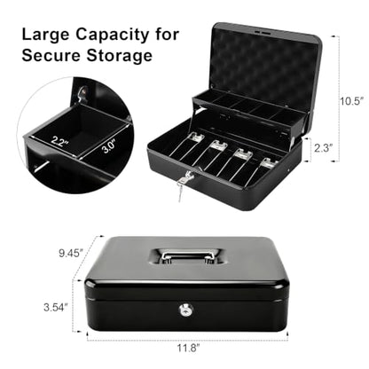 Jssmst Cash Box with Key Lock - 1mm Thick Metal Money Box for Garage Sales, Yard Sales and Petty Cash, Portable Cash Drawer with Coin Tray & Spill-Proof Foam Coin Cover, 4 No-Pinch Bill Clips,11.8'' - color: Black Key