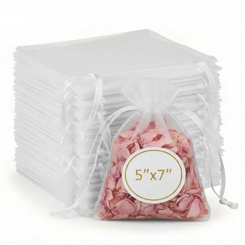 Sukh 100pcs Organza Bags 5''x7'' - White Mesh Drawstring Gift Bags - color: White, size: 100 Count (5 x 7 Inches)