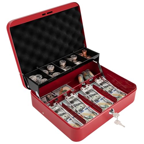 Cash Box with Key Lock & Foam Auto-Pop Coin Tray – Secure Steel Money Box with 4 Upgraded Finger-Safe Bill Clips, Premium Smooth Scratch-Resistant Coating, 11.8"L x 9.5"W x 3.5"H, KL Red - color: KL Red