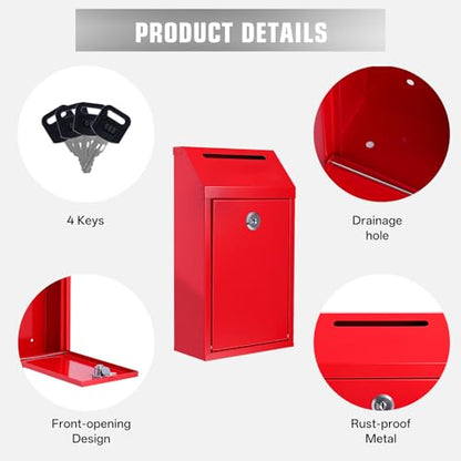 Sumerfnt Money Cash Drop Box Wall Mount, Metal Money Box with Lock and Slot, Money Collection for Farm Stand Supplies, Self-Serve, Tips, Fundraising, 10.24" x 5.7" x 2.95", 4 Keys, Red - color: Red