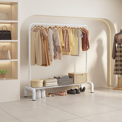 JIUYOTREE Metal Clothing Rack, 43.3 Inches Clothes Garment Coat Rack with Bottom Shelf for Hanging Skirts, Shirts, Sweaters, White - color: White, size: 43.3"W x 15.75"D x 61"H without wheels