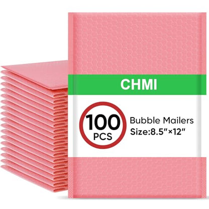 CHMI Pink Bubble Mailers 8.5 x 12 Inch 100 Pack, Usable Size 8.25X12 Inch Poly Mailers,Mailing Envelopes,Shipping Mailer，Opaque Self Seal Adhesive Waterproof Bags for Packaging and Shipping.