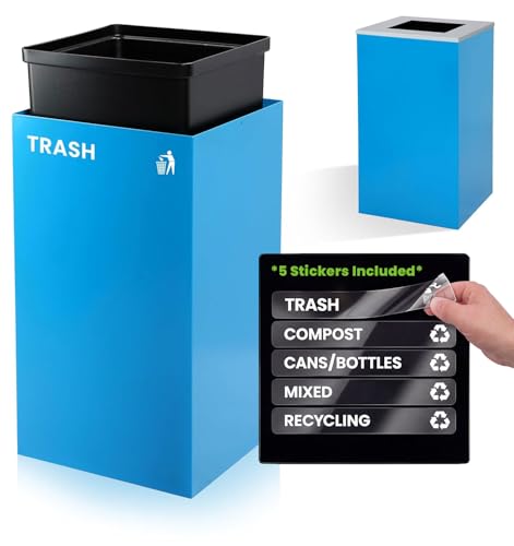 Alpine Commercial Indoor Recycle Bin - 29 Gallon Blue Recycle Bin Recycle Trash Can Office Recycling Bins, Metal Recycling Container with Stickers & 3 Optional Lids (lid Sold Separately) - color: Blue Can