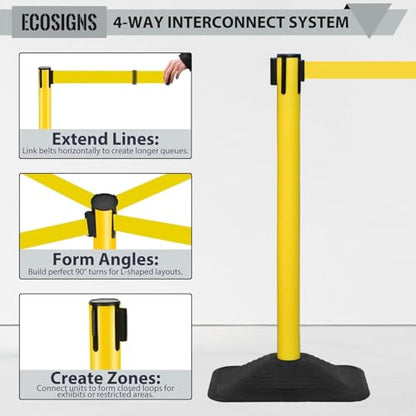 ECOSlGNS 4 Pack Heavy Duty Crowd Control Stanchions for Banks, Events, Retail with 10ft Retractable Belt, Non-Slip Weighted Rubber Base (Yellow) - color: Yellow, size: Rectangle Base - 4 Pack