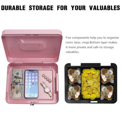 Steel Cash Box with Key Lock, Metal Small Money Organizer with Money Tray,Cash Storage Box with Lockable Cover (Pink - 9.8" x 7.8" x 3.3") - color: Pink - 9.8" x 7.8" x 3.3"