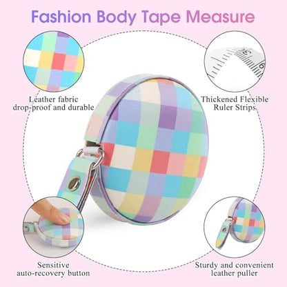 Retractable Mini Leather Tape Measure, Auto Retract Rainbow Check - color: Rainbow Check