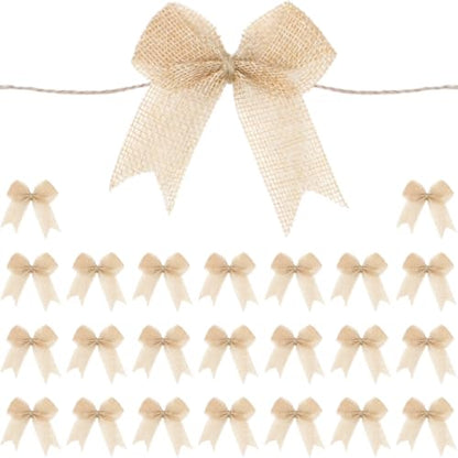 24 Pcs Mini Burlap Bows, 3 Inch Small Pre-Tied Rustic Bows with Twine Ties for Farmhouse Wreaths, Christmas Trees, Fall Crafts and Gift Wrapping, Natural - color: Natural