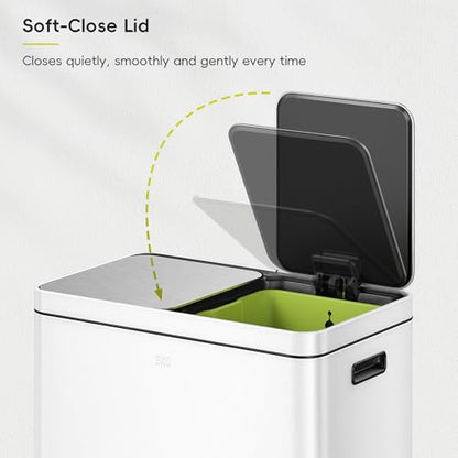 EKO Edison 8+8 Gallon Dual Trash Can for Recycling and Trash, Stainless Steel Kitchen Step Can with Dual Removable Inner Bucket, Independent Lids and Pedals, White - color: Matte White, size: 30L+30L
