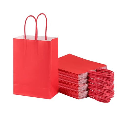 Piqiya Small Plain Kraft Paper Gift Bags with Handles - Red, 24pcs for Birthday, Wedding, Grocery, Retail, Business, Goody, Craft Bags - color: red