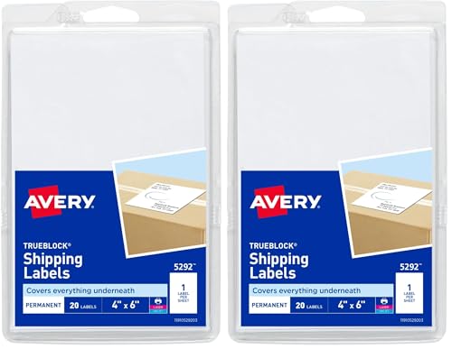 Avery Printable Shipping Labels, 4" x 6", White, 20 Blank Address Labels (05292) (Pack of 2) - size: 1 Count (Pack of 2)