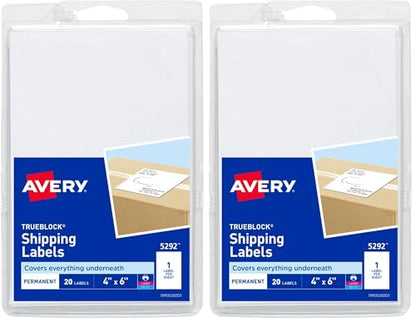 Avery Printable Shipping Labels, 4" x 6", White, 20 Blank Address Labels (05292) (Pack of 2) - size: 1 Count (Pack of 2)
