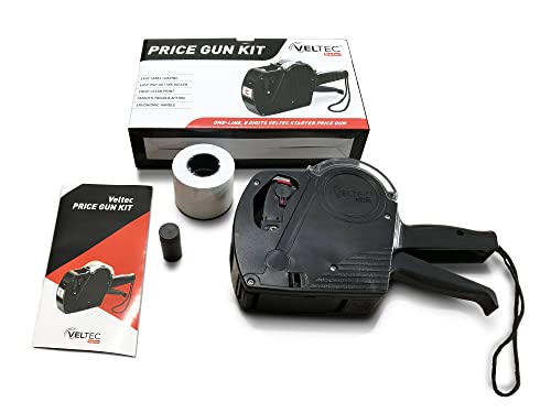 Veltec Price Gun Starter 1-Line, 8 Digits – Includes 2000 White Labels, 1 Inker and Starter Labels Preloaded, and Extra Ink Roller