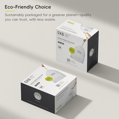 EKO 10.6 Gallon / 35–40 Liter Drawstring Trash Bags, 110 Count Heavy-Duty Tall Kitchen Garbage Can Liners, Extra-Strong Leak-Resistant, Unscented, White, Code M - size: 110 Count (Pack of 1), style: 10.6 Gallon Bags/Code M