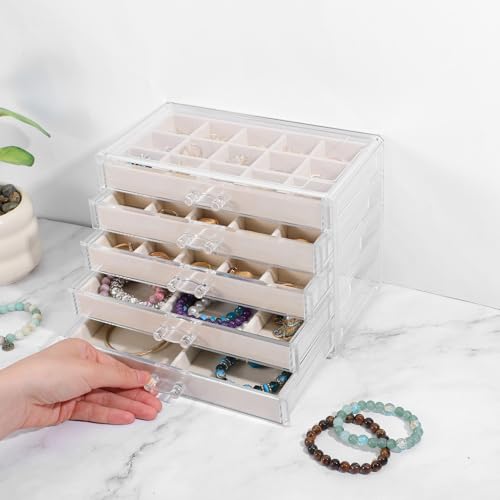 Acrylic Jewelry Box with 5 Drawers, Clear Case with Beige Velvet Lining, 9.25" x 5.31" x 6.7" Earring Organizer with Adjustable Dividers, Stackable Storage Display for Rings Necklaces Bracelets