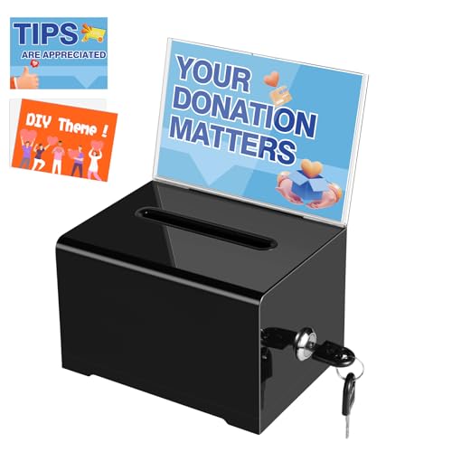 Polmart black Donation Box with Lock - Secure Ballot Box with Removable Sign Holder & 2 Keys - for Money, Cards, Votes, Tickets, Feedback Collection (4.75"D x 6.29"W x 8"H) - color: Black with Sign Holder