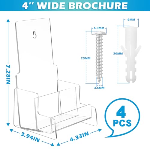 Threehoney 4 Pcs 4x9 Brochure Holder Wall Mount Clear Acrylic Rack
