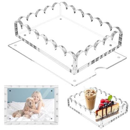 Acrylic Scalloped Tray with Magnetic Mat, 7.8x5.8 Inch Customizable Display for Photos Art Messages, Clear Serving Tray Organizer Non-Slip Base, Home Office Decor or Gift