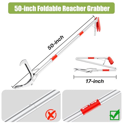 50" Foldable Grabber Reacher Tool, Extra Long 3 Fold Reaching Aid for Seniors, Heavy-Duty Trash Picker Upper & Litter Pickup Tool for Home & Garden - size: 50 Inch Red