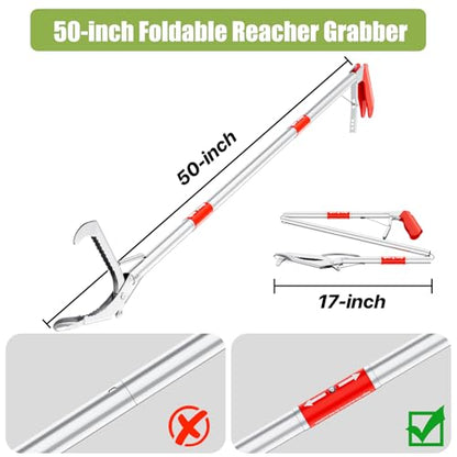 50" Foldable Grabber Reacher Tool, Extra Long 3 Fold Reaching Aid for Seniors, Heavy-Duty Trash Picker Upper & Litter Pickup Tool for Home & Garden - size: 50 Inch Red