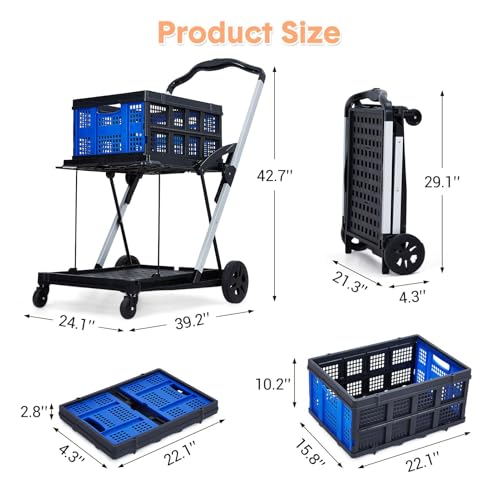 Foldable Shopping Cart, 1 Storage Crate, 2 Tier Collapsible Utility Cart - color: Blue