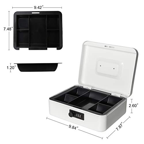 Cash Box with Money Tray, Parrency Large Money Box with Combination Lock, 9.8 x 7.9 x 3.5 inches, White - color: Combo White, size: Large（9.84")