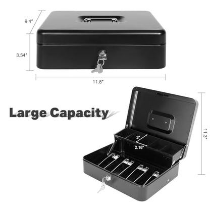 Cash Box with Lock Key and Money Tray - Large Money Box for Cash Register, Metal Lock Box for Money Safe 11.8" x 9.4" x 3.54" Black - color: Black with Key Lock