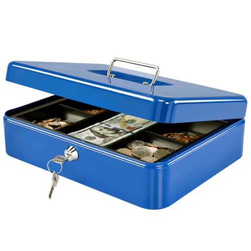 Jssmst Large Cash Box with Key Lock - Durable Metal Cash Box with Money Tray, 11.81 x 9.84 x 3.46 inches (X-Large, Blue) - color: Blue, size: XL(11.81")